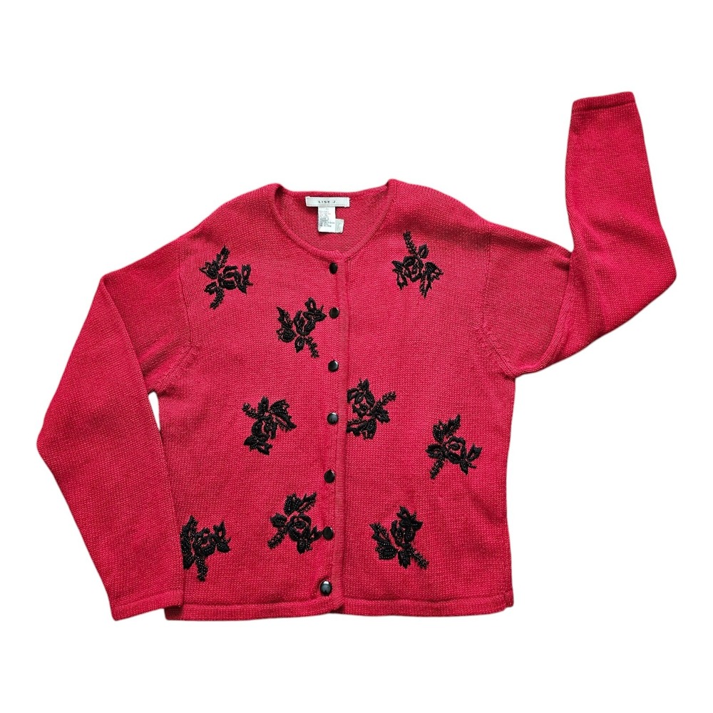 Vintage Lise J. Cardigan Long Sleeve Red w/Black Beading Medium Shoulder Pads